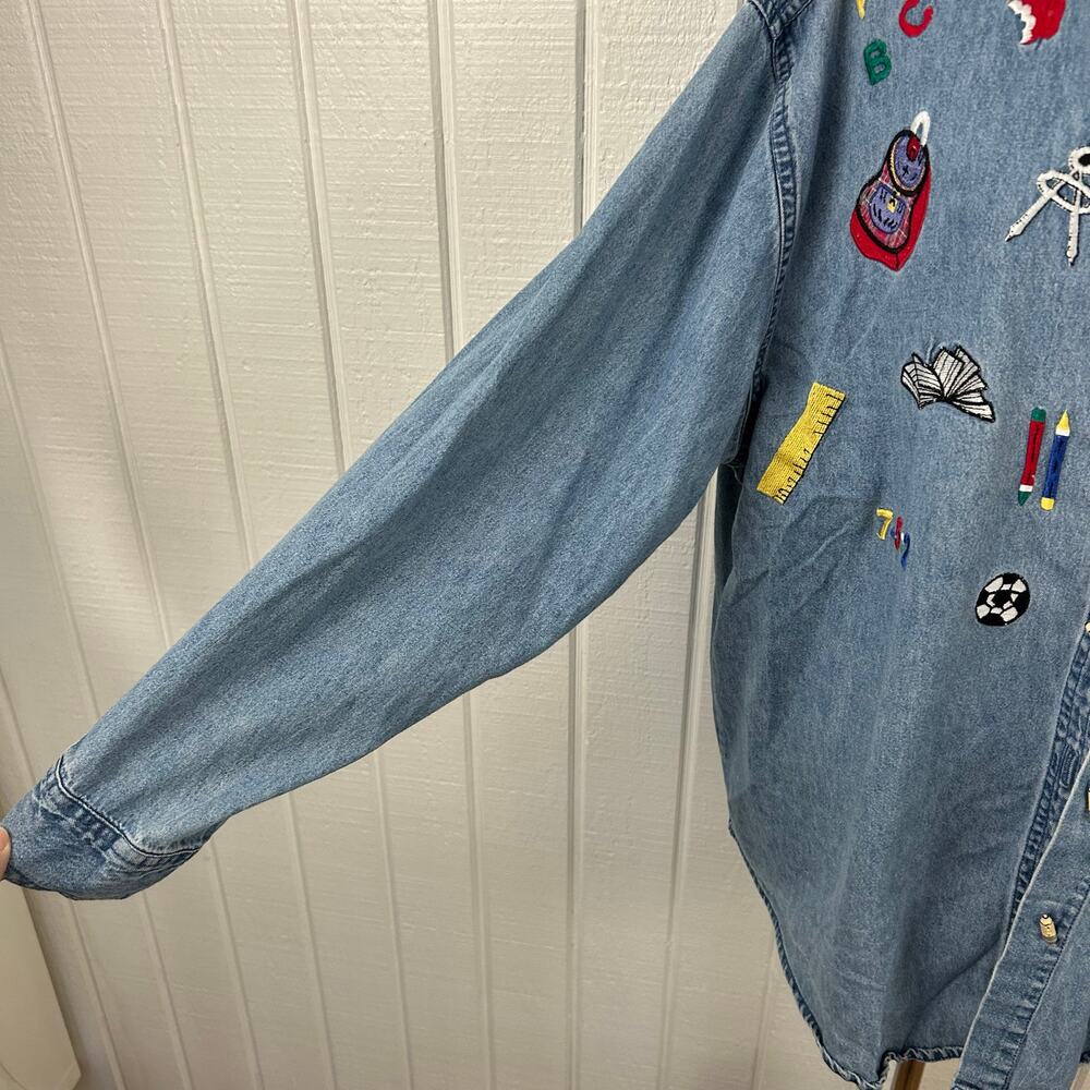 💗Sold💗not for sale💗Women Teacher Denim Button Up Top Long Sleeve Artsy School Bl - Picture 5 of 11